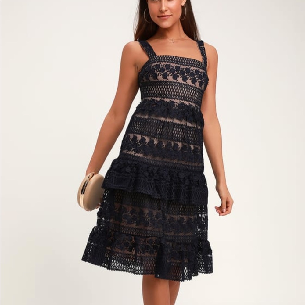 New Lulus Ethereal Navy Blue Lace Midi Dress